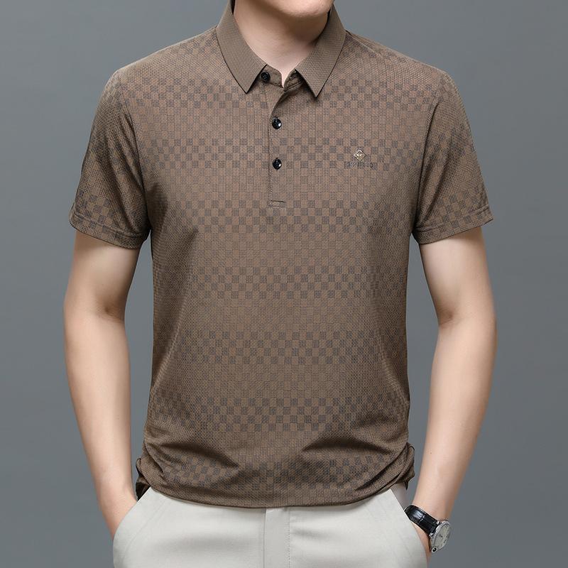 Мужская рубашка поло из ледяного шелка с коротким рукавом, тонкое летнее платье, деловая, мужская, свободного кроя, с отложным воротником, жаккардовая в клетку, с рукавом до локтя, топ, футболка