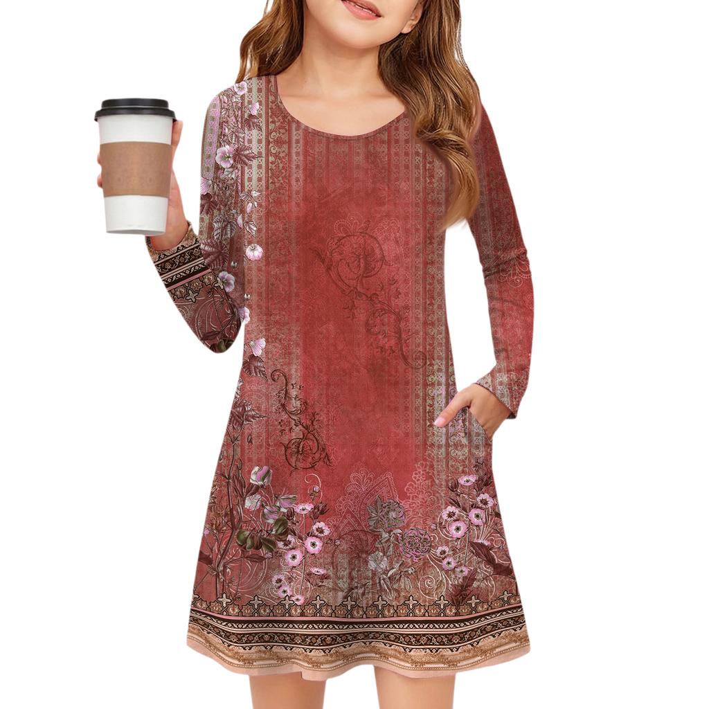 Платье с длинным рукавом для девочек - Платье с цветными карманами