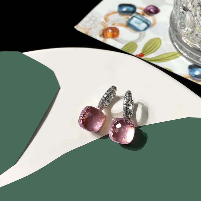 Серебряные серьги с темперой и бриллиантами конфетного цвета, квадратные серьги-гвоздики с кристаллами