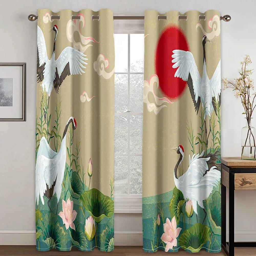 Japanese Beautiful Crane Sun Wave Mountain Cloud High Shading Drape Bedroom Space Space Living Room Hotel Window Opening Curtain 2 Panels Blackout