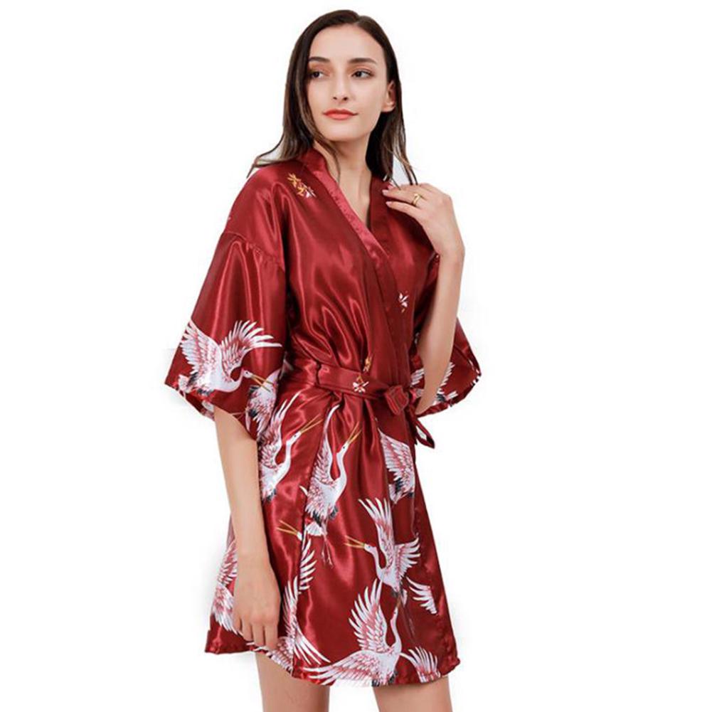 Puntos Summer Ice Silk Fabric Women Lady Nightgown Flower Print Short Bathrobe