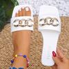 2025 Spring and Summer New Cool Slippers Metal Chain Square Head Flat Bottom Multi-color One-character Sandals Foreign Trade Large Size Shoes