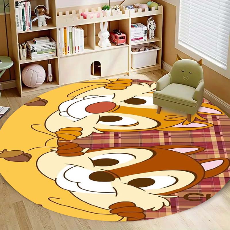 Cute Chip 'n' Dale print round floor mat, home rug decoration, cartoon welcome doormat, non-slip and stain-resistant.