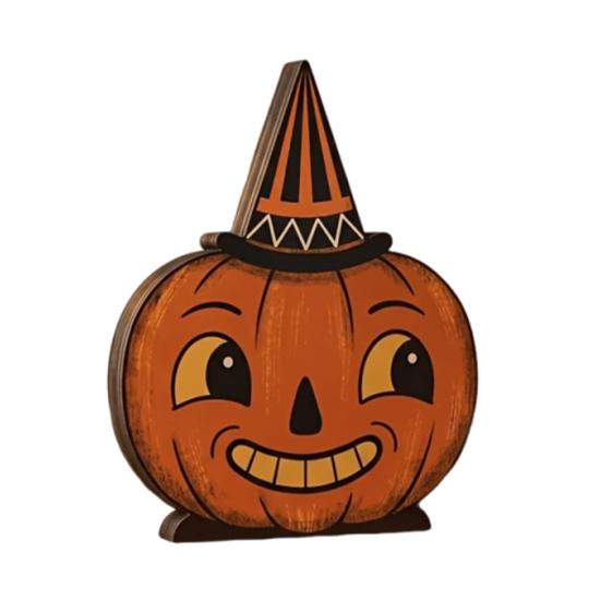 Decorative Tiered Tray Elements Halloween Vintage Wooden Ornaments, Cute Bat/Black Cat/Owl/Pumpkin/Ghost/Skull Decorations, Retro Double Sided Festive