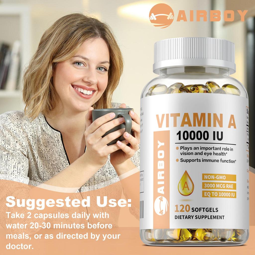 Vitamin A softgels support immune system function, skin health, and vision and eye health. 120 capsules per pack.