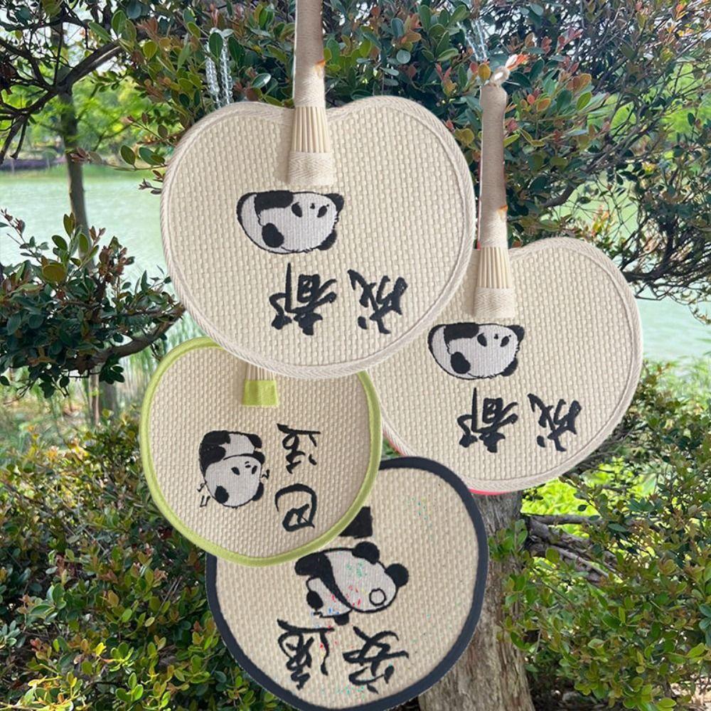 Decorative Straw Group Fan Chinese Style Summer Panda Fan Practical Handmade Straw Fan  Travel