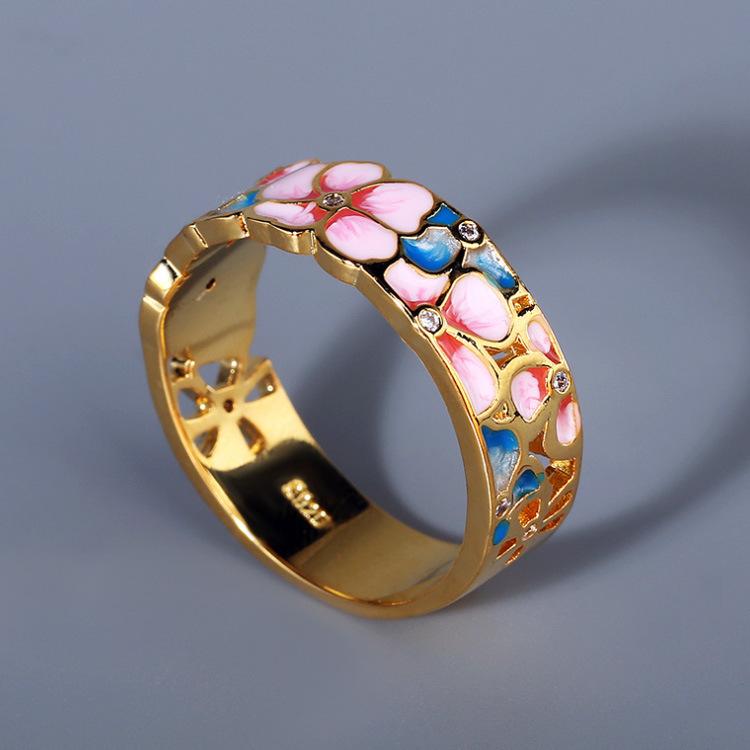 New Rainbow Colored Flower Set with Diamond Enamel Three Piece Ring Pendant Earrings Personality All Purpose Jewelry