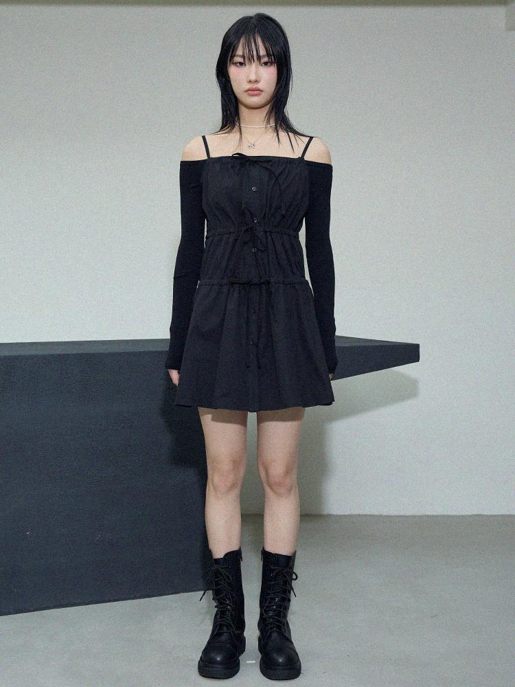 Itove Seoul Shirred Shirt Mini Dress Bk