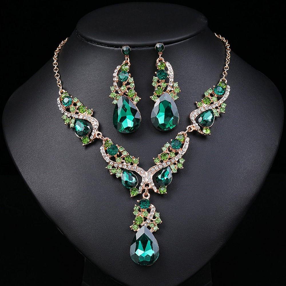 Exaggerated Rhinestone Jewelry Set Crystal Women's Necklace Water Drop Necklace Earrings Set  Women
