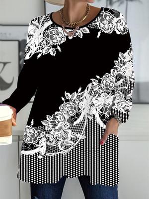 2025 Осень Зима Новые Женские Топы Большого Размера, Винтажный Узор 3D Принт Модные Футболки с Круглым Вырезом и Длинным Рукавом