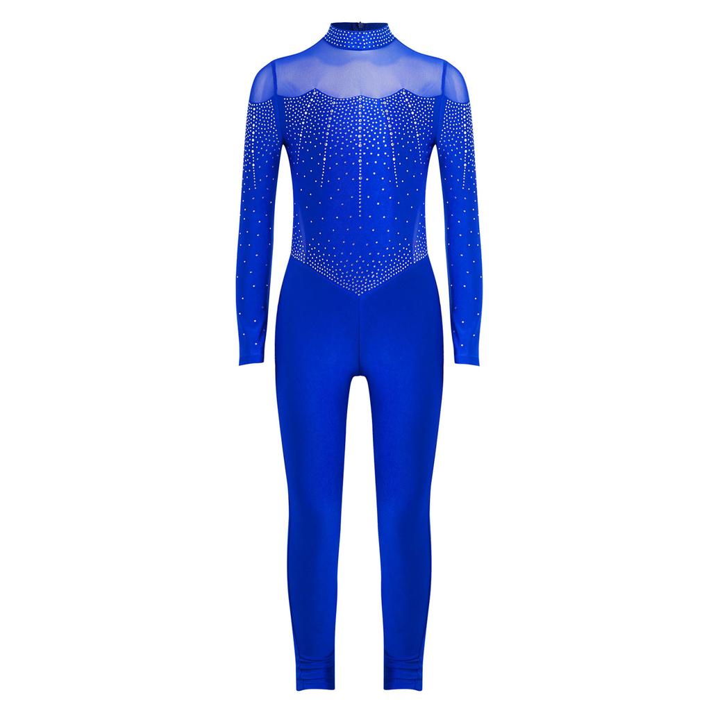 Боди для фигурного катания для девочек, блестящие стразы, комбинезон на все тело, воротник-стойка, длинный рукав, с прозрачной сетчатой вставкой