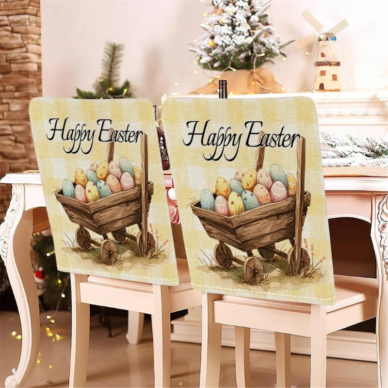 Holiday Inspire Easter Rabbits Print Plush Dining Chair Slipcover Dustproof for Home and Party Decoration