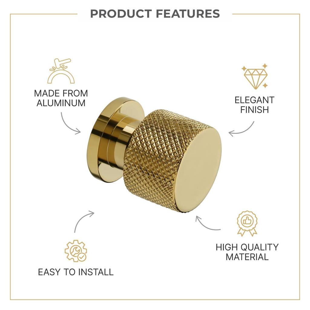 Piece Knobs for Cabinets– Modern Aluminum Drawer Knob for Kitchen, Wardrobe, Cupboard, and Home Furniture (PVD Gold Finish)