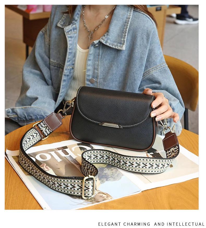 Женская сумка-мессенджер из натуральной кожи 2024 года: Стильная маленькая сумка через плечо из коровьей кожи с широким ремнем
