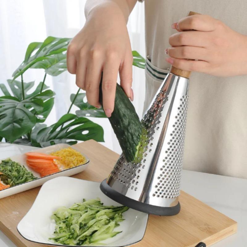 Коническая терка из нержавеющей стали для кухни, многоцелевая, для резки дыни, фруктов, картофеля и овощей, с деревянной ручкой
