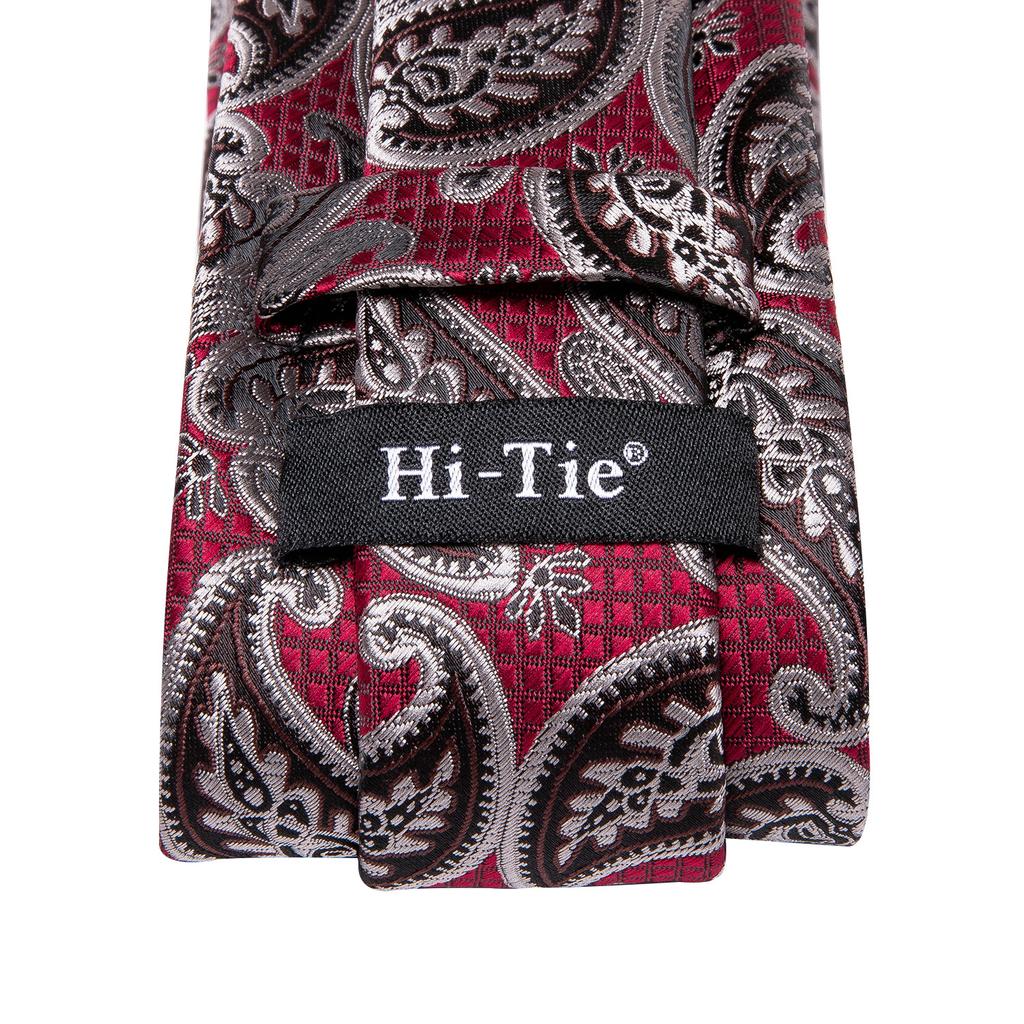 Hi-Tie Fashion Mens Wine-Red Paisley Necktie Hanky Cufflinks for Business Wedding