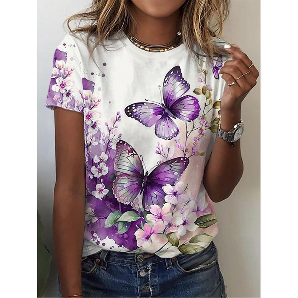 New O-neck 3d Butterfly Print T-shirt Women's Summer Fashion Short-sleeved Blouse Oversized Summer Clothing