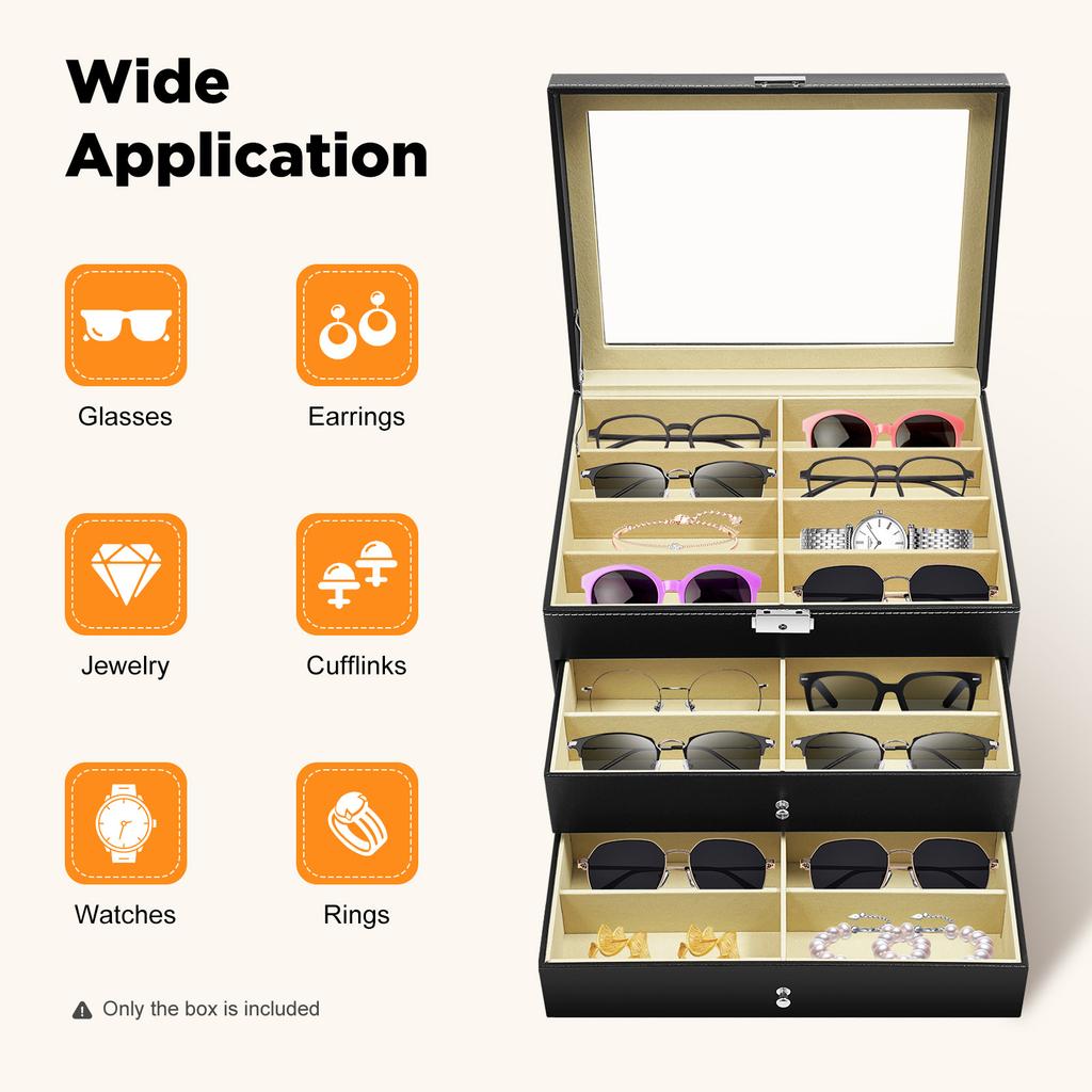 Витрина для очков, 24 отделения с замком, 3-ярусный органайзер для хранения ювелирных изделий с верхом из стекла для солнцезащитных очков, часов, серег