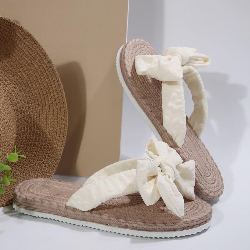 Модные летние женские тапочки 2025 Высокое качество Универсальная мода Женская обувь Повседневный бант Открытый носок Плоские тапочки Шлепанцы Женские