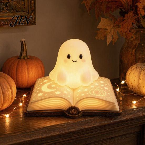 Durable Small Table Lamp Magic Book Ghost Night Light, Resin Tabletop Warm Glow with Moon Soft Yellow Light Star Relief, Cute Bedside Sleeping