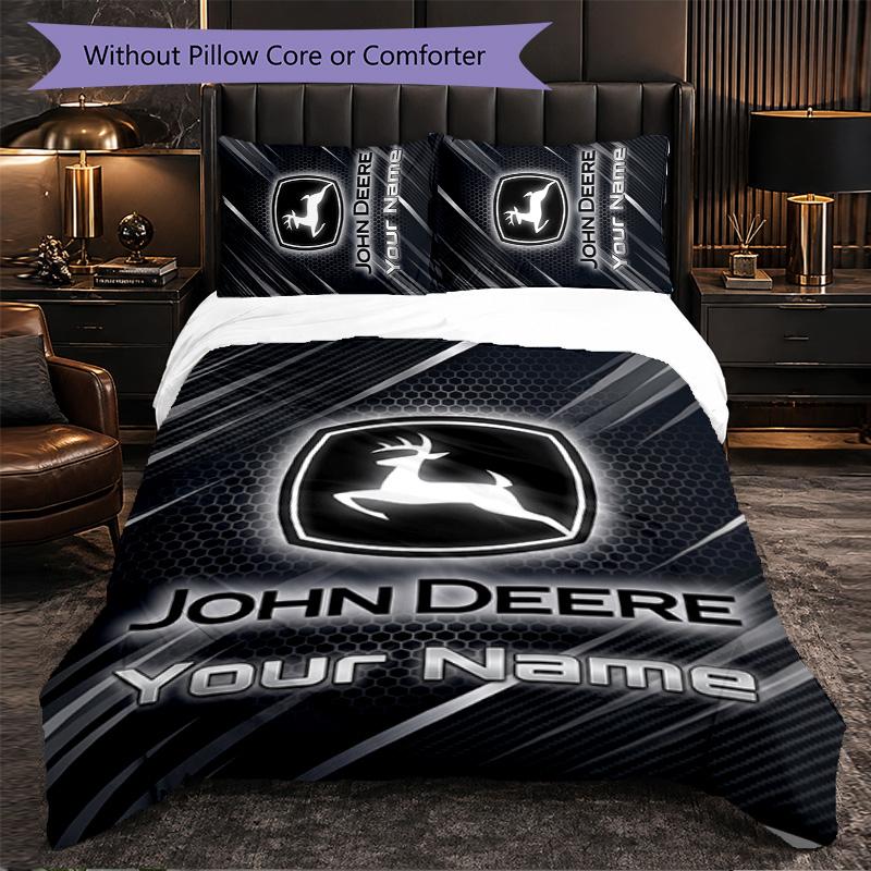 John Deere Customized Name Text Bedding Set, 1 Duvet Cover & 2 Pillowcases Personalized Bedroom Gift