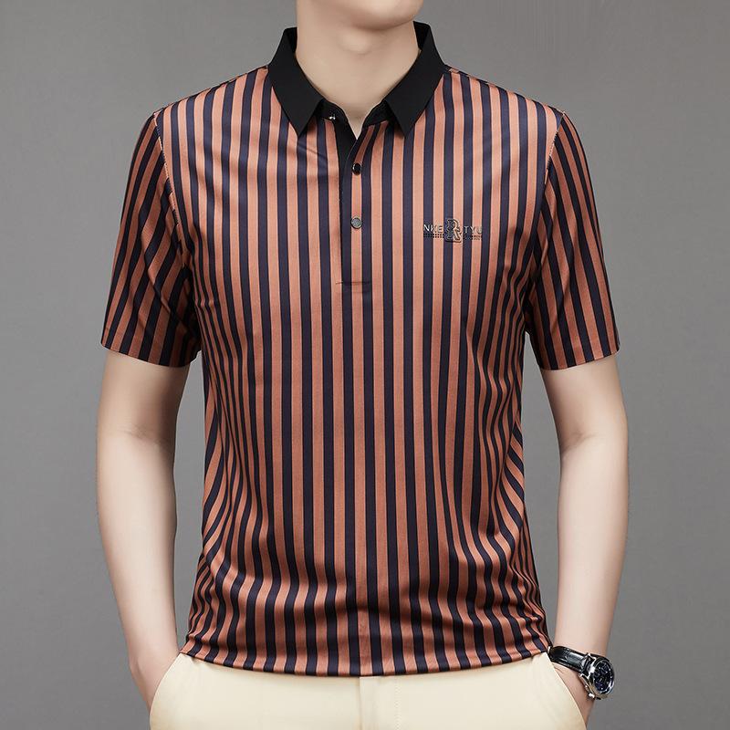 Summer New Men's Cool Striped Polo Shirt Young and Middle-Aged Fashion Casual Short-Sleeved T-shirt Bottoming Shirt Men