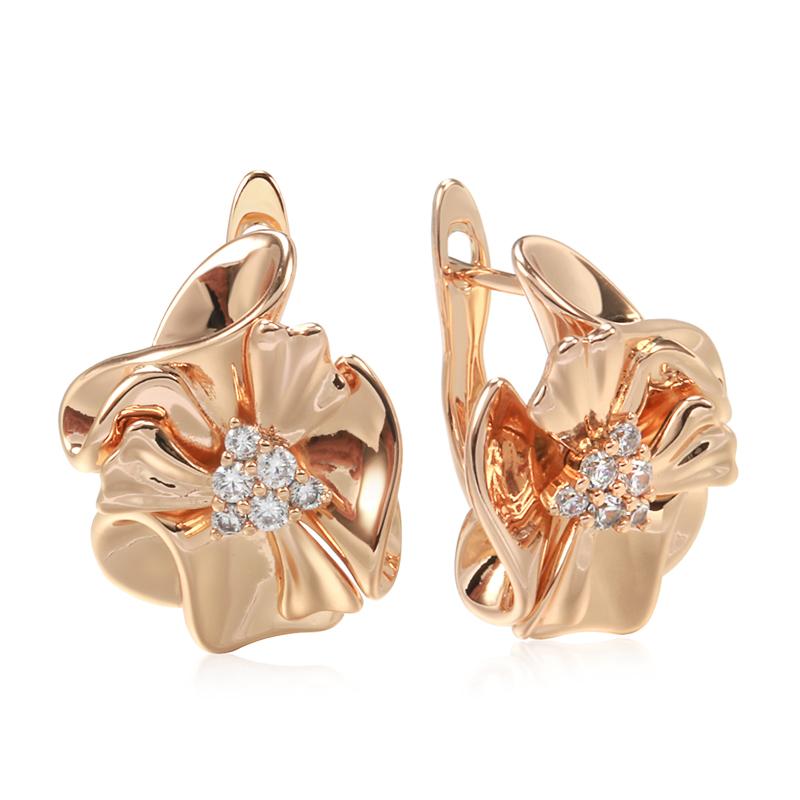 Elegant Flower Embossed Inlay Zircon Drop Earrings for Women Gold Color Vintage Jewelry Wedding Party Accessories