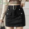Y2K Women Streetwear Korean Gyaru High Waist Mini Skirt With Belts Short Culotte Big Pocket Grunge A-line Cargo Skirts Clothes
