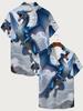 Men's Dark Storm Blue Dragon Print Button-Up Shirt - Full-Body Dragon Short-Sleeve Lapel Collar, Breathable Polyester Non-Stretch Button-Front Top