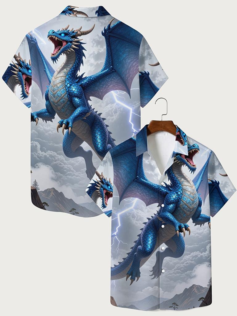 Men's Dark Storm Blue Dragon Print Button-Up Shirt - Full-Body Dragon Short-Sleeve Lapel Collar, Breathable Polyester Non-Stretch Button-Front Top