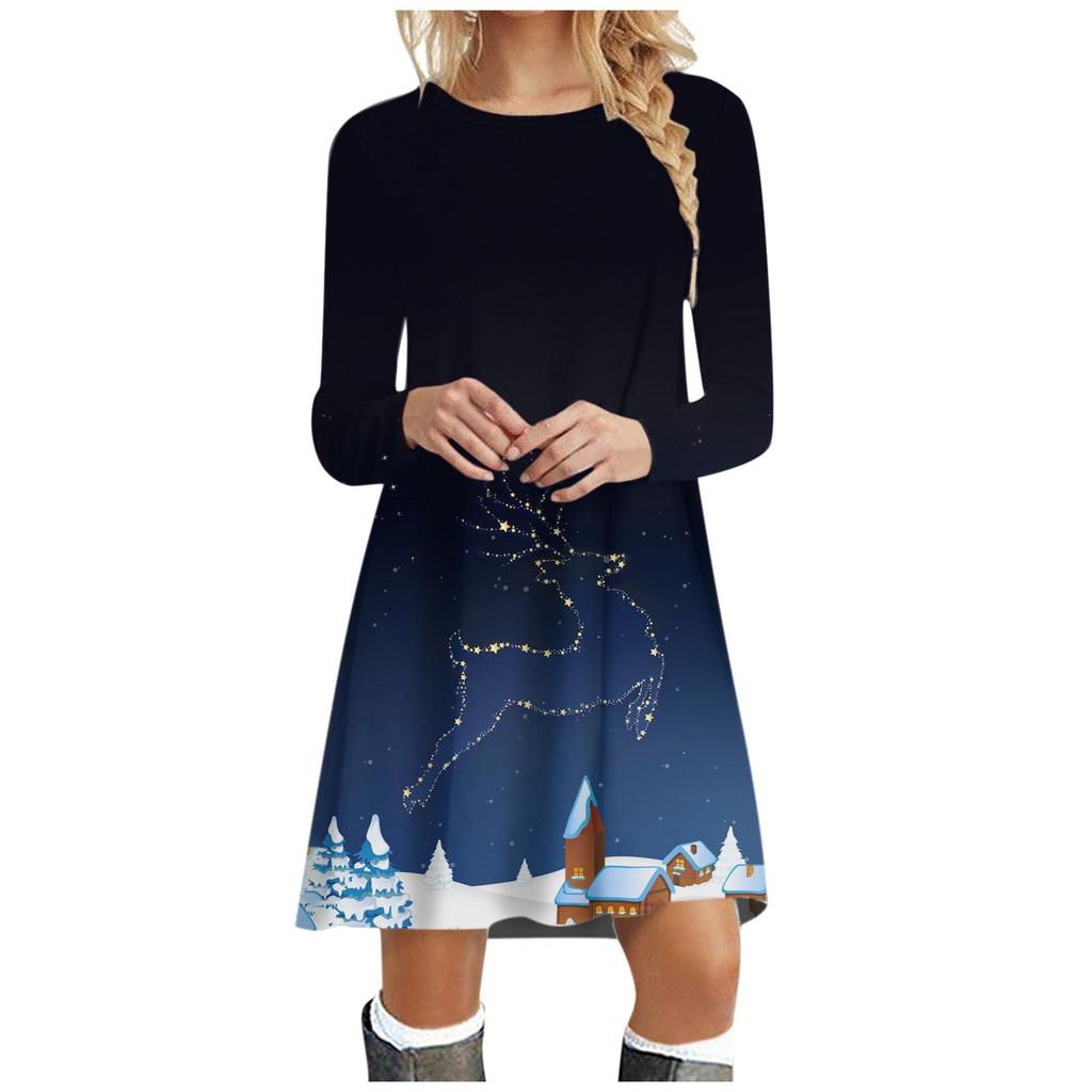 Женское осеннее и зимнее платье с рождественским принтом и круглым вырезом и длинными рукавами