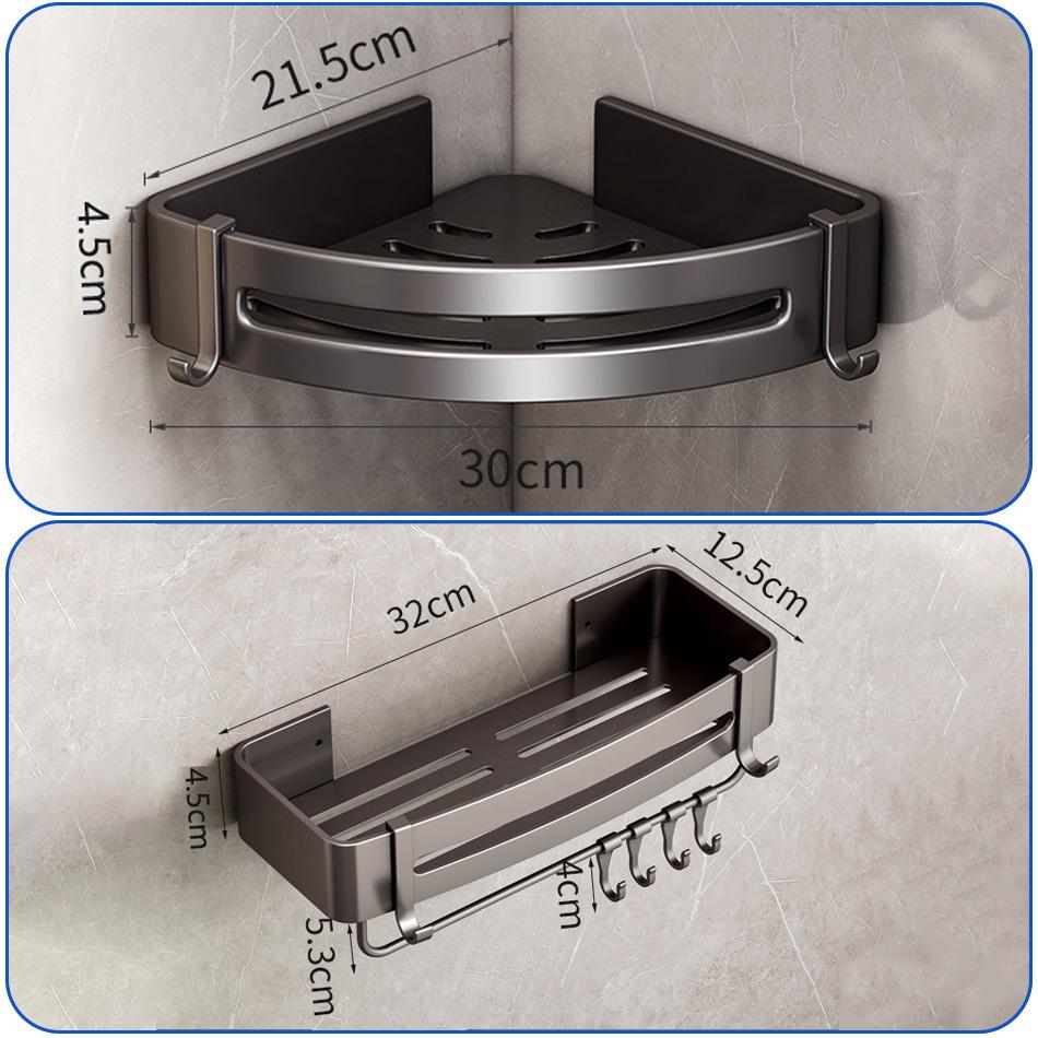 Прямоугольная полка для ванной комнаты, алюминиевая, серая, для туалета, кухни, для ванной, для хранения шампуня, мыла, треугольная полка с крючками, бесплатный гвоздь
