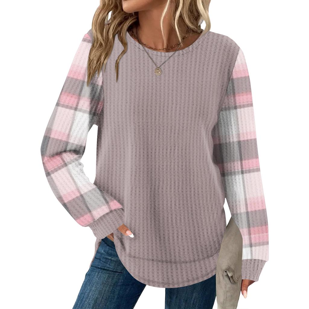 Женский повседневный топ свободного кроя с круглым вырезом и длинными рукавами в клетку