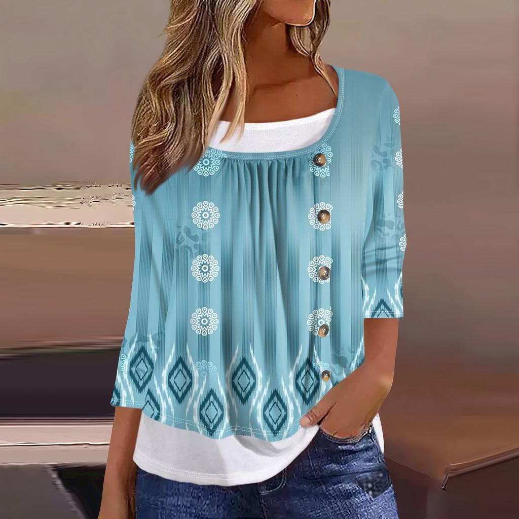 Women's T Shirt Tee Print 3/4 Sleeve Fake Two Pieces Daily Weekend Fashion Basic Regular Top