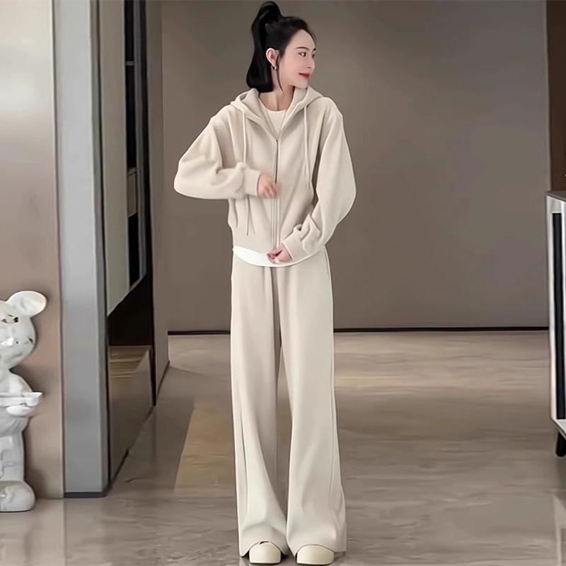 Женский спортивный костюм с флисовой подкладкой для инфлюенсеров: Худи и брюки широкого кроя для осени/зимы, для повседневной носки и бега.