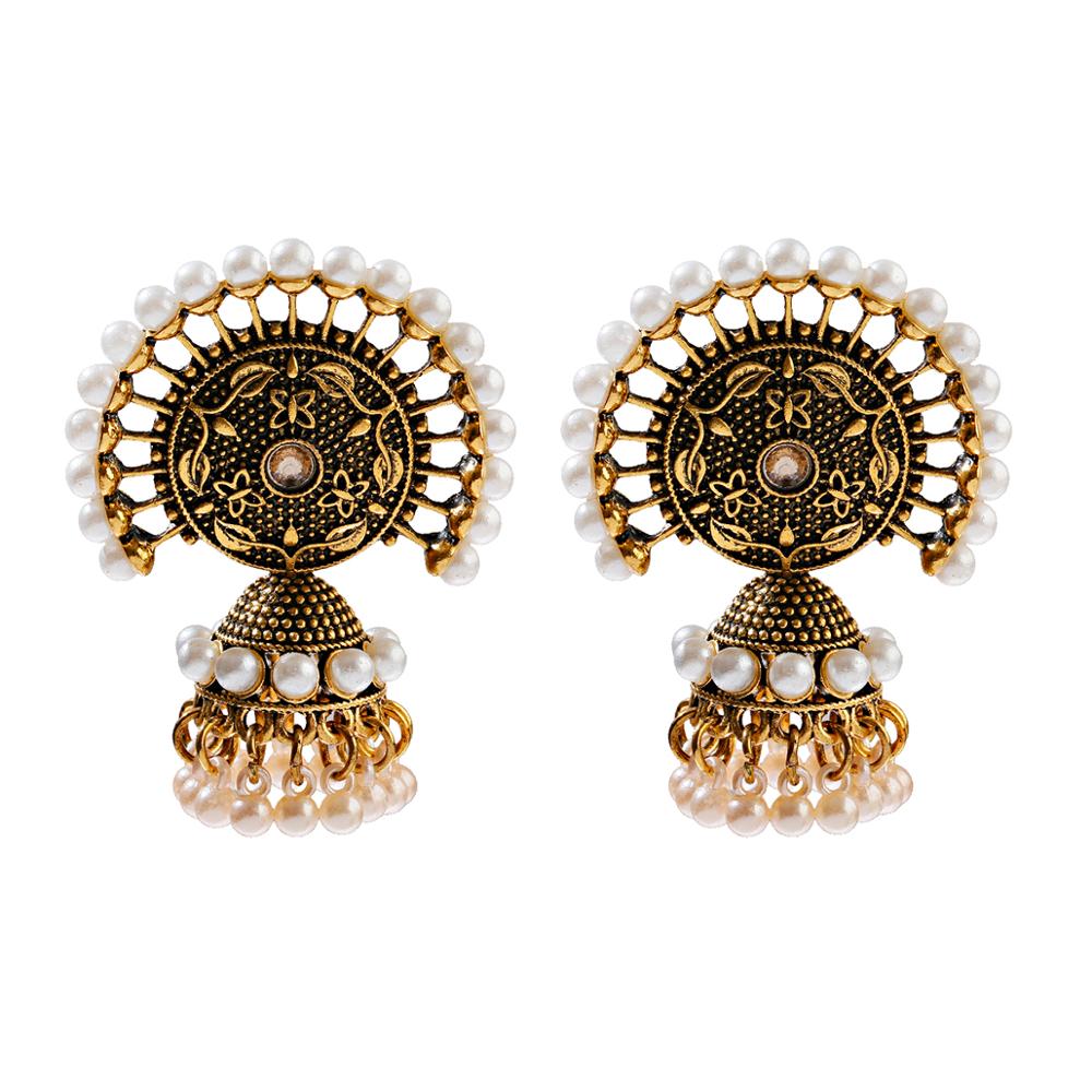 Women‘s Boho Ethnic Gold Copper Plated Jhumka Indian Earring Gypsy Zircon Vintage Big Bells Dangle Hanging Earrings For Women