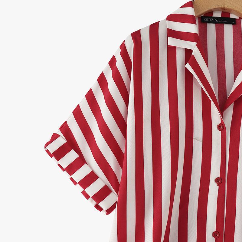 ZANZEA Женская повседневная летняя блузка в полоску с отложным воротником и коротким рукавом