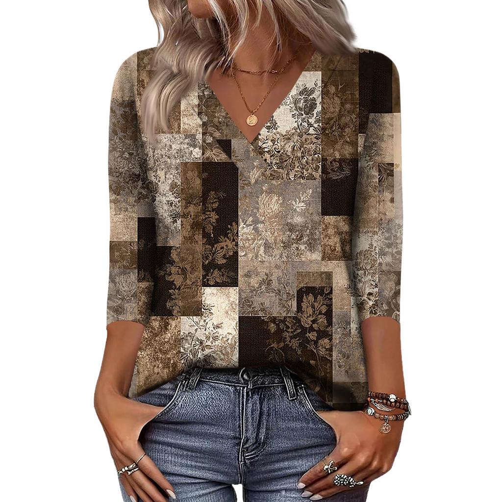Женские рубашки с рукавом 3/4, топы с принтом и V-образным вырезом, повседневные топы, базовые футболки, блузки, свободные топы