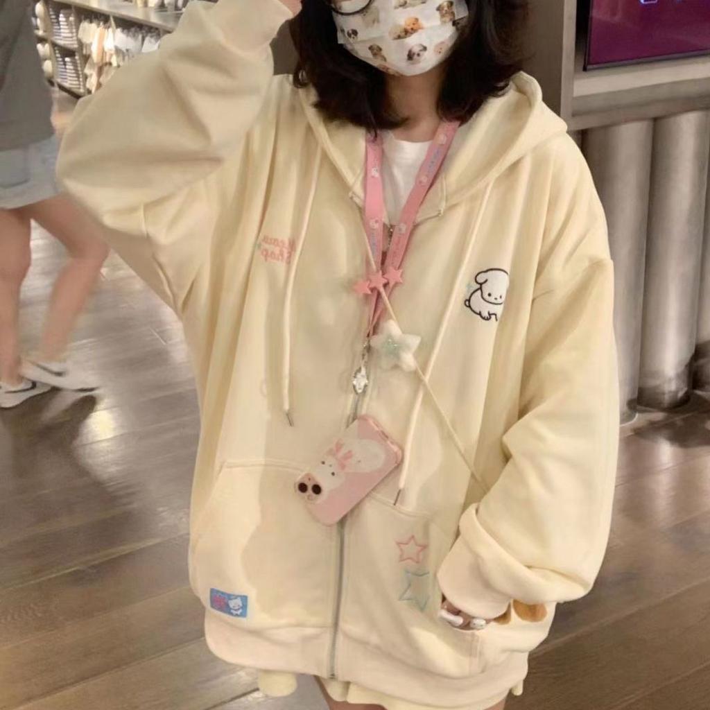 Японские кавайные толстовки на молнии для женщин, милые девушки, звезды, графика, вышивка, толстовки с капюшоном Kpop, милый повседневный женский топ