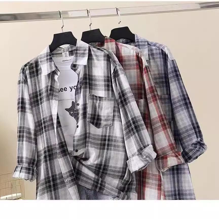 Женская клетчатая рубашка в стиле Харадзюку: Ретро, Средняя длина, Свободный крой, Тонкий, Корейская версия, Универсальный, Длинные рукава.