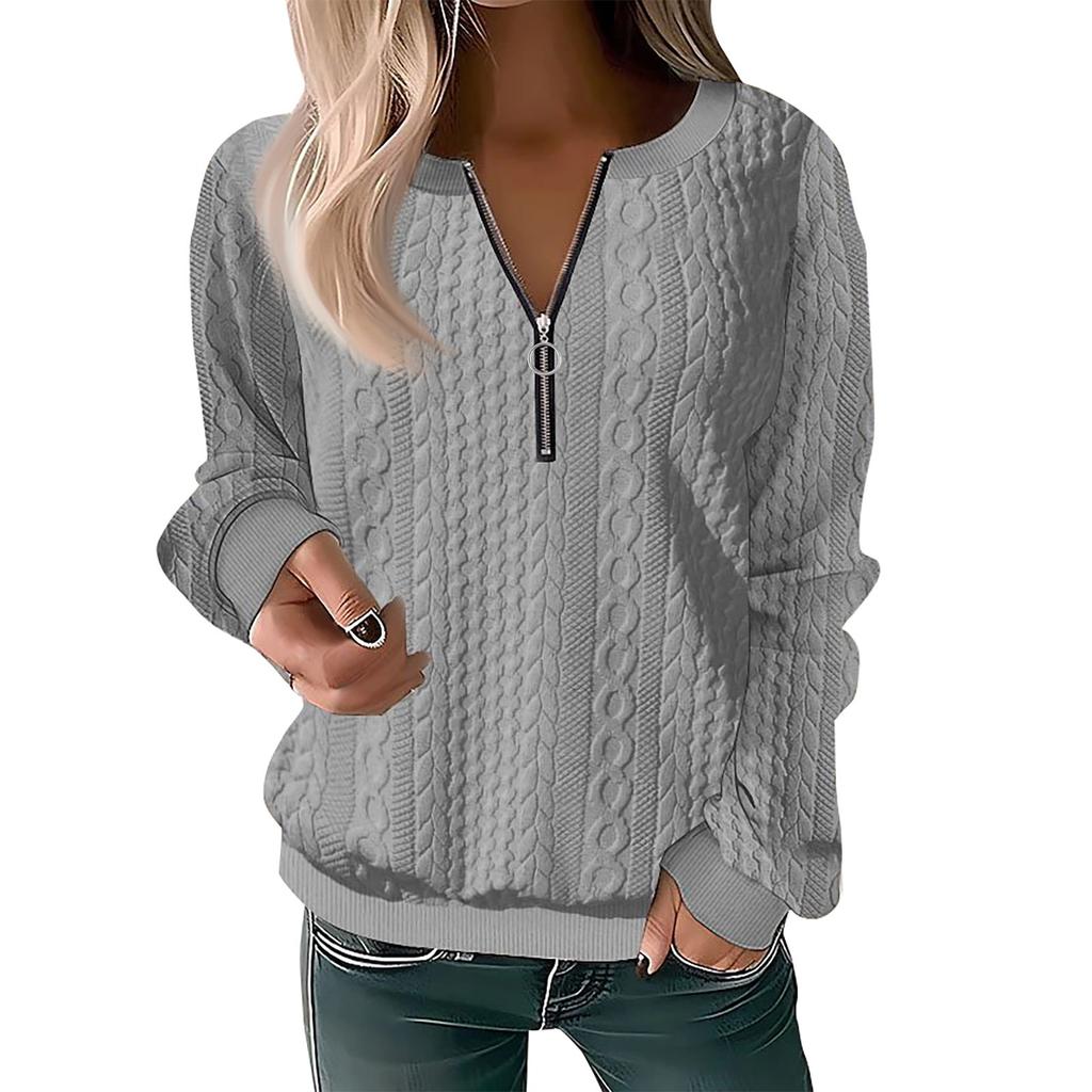 Women's Fashion Casual Zipper V-Neck Loose Long Sleeve Solid Color Sweatshirt