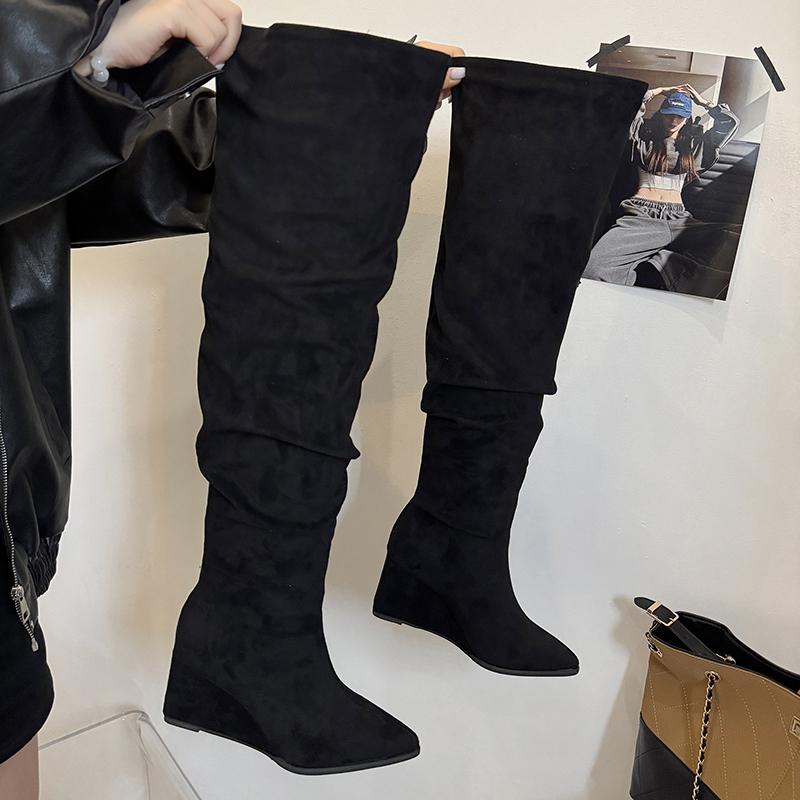 Nightclub Pointed Toe Pleated Women Over The Knee High Boots Wedges High Heels Party Shoes Winter Ladies Thigh High Booties
