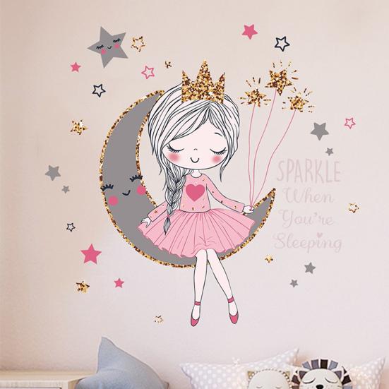 Наклейка на стену со звездой и луной для девочек, водостойкая самоклеящаяся ПВХ-наклейка, современная гостиная, детская спальня, настенное художественное украшение, наклейка