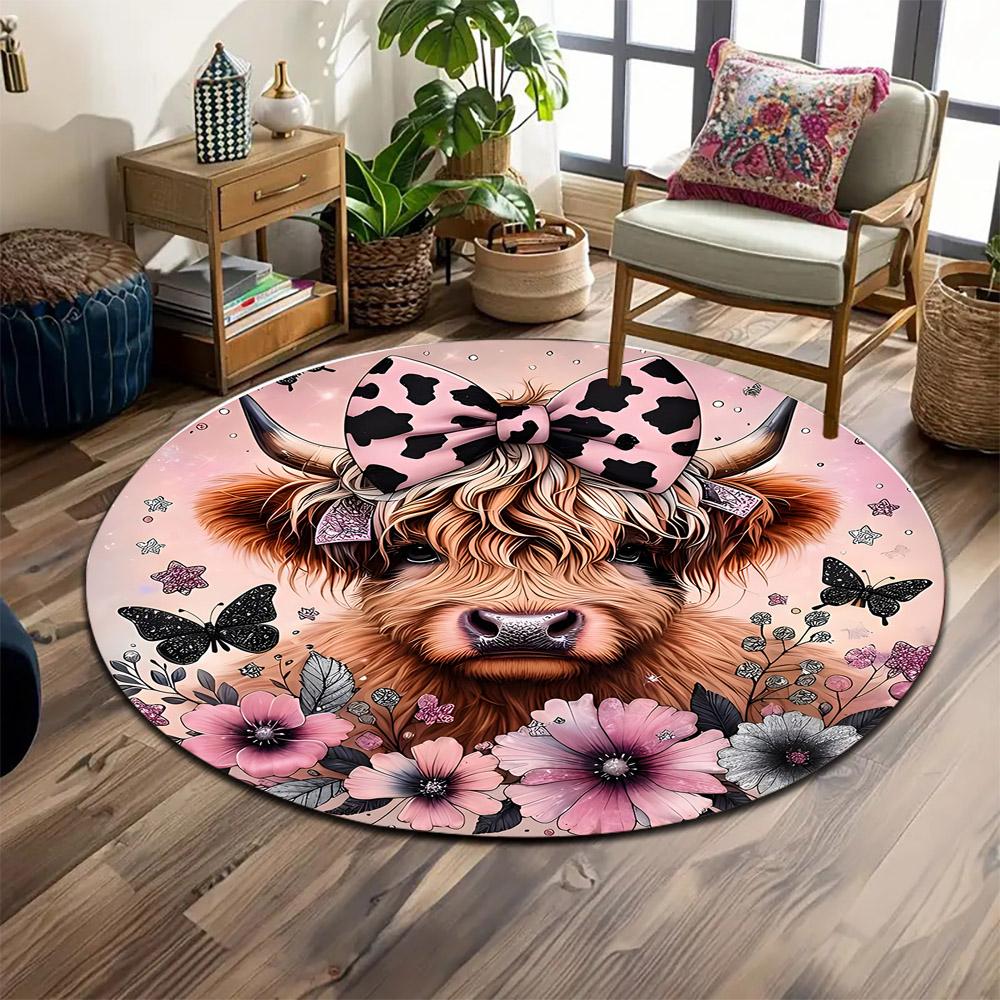 Highland Cow with Pink Bow and Flowers Print round rug, living room, bedroom, playroom carpet, non slip floor mat, gift