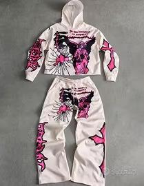 European and American high street gothic print red hooded suit men's hip hop loose sports and leisure two-piece set