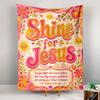 Bright, colorful floral design with smiling suns and bold lettering. Patterned tapestry for bedroom and living room home decor