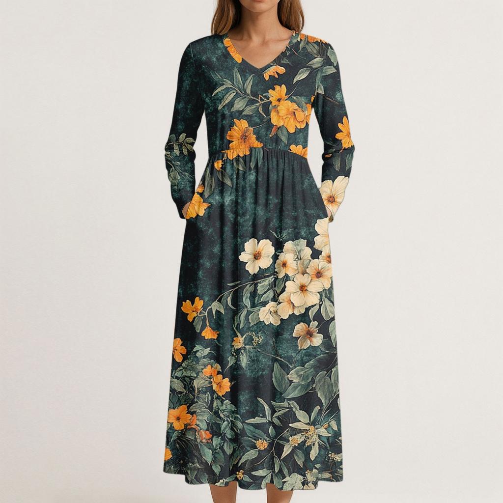 Dress For Women Long Boho Beach Dress Elegant Maxi Dress V-Neck Long Sleeve Dress With Pockets