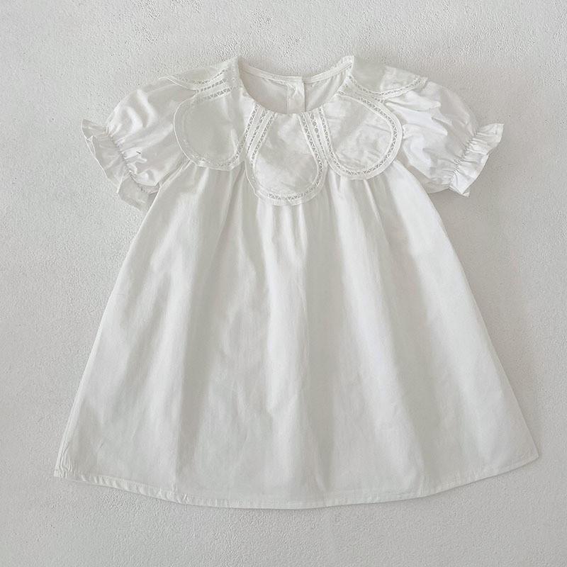 Girls Short Sleeve Dress Petal Neck Pure Cotton Princess Style Casual Kids