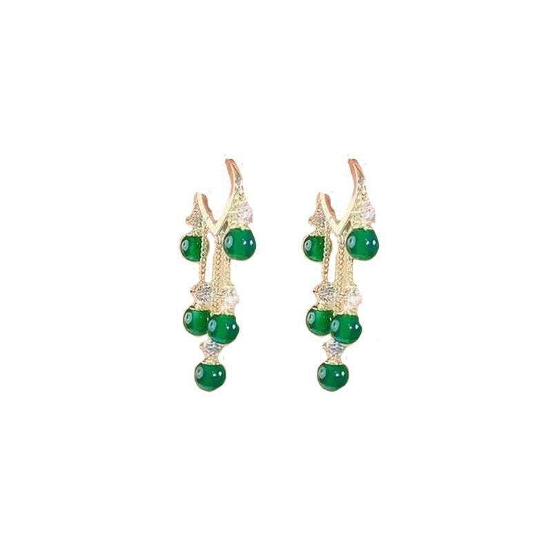 European and American popular niche design emerald opal ear buckle temperament earrings fringed long earrings