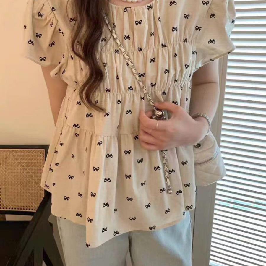 French Retro Bow Puff Sleeve Pleated Top